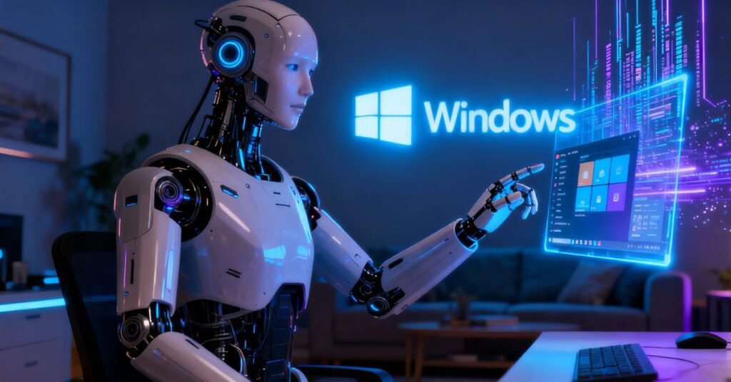 Futuristic humanoid AI assistant interacting with a holographic Windows interface surrounded by glowing data streams, symbolizing Microsoft’s AI-powered Windows ecosystem after 2025.