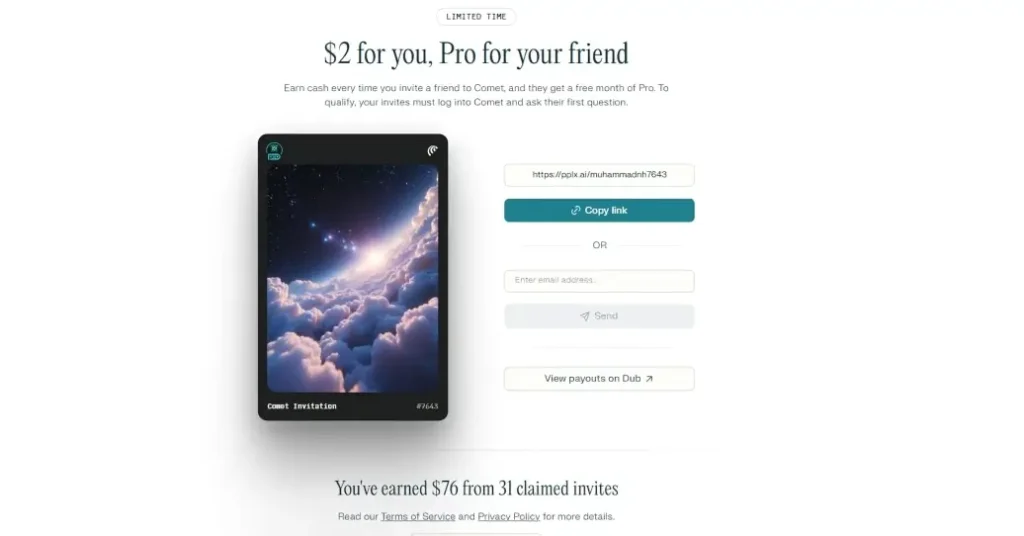 Infographic explaining how the Perplexity Referral Program works — showing icons of AI tools, referral links, rewards, and growth arrows. Text reads ‘Earn by Inviting Others’ on a teal blue background following Perplexity brand theme. No humans, clean professional design.
