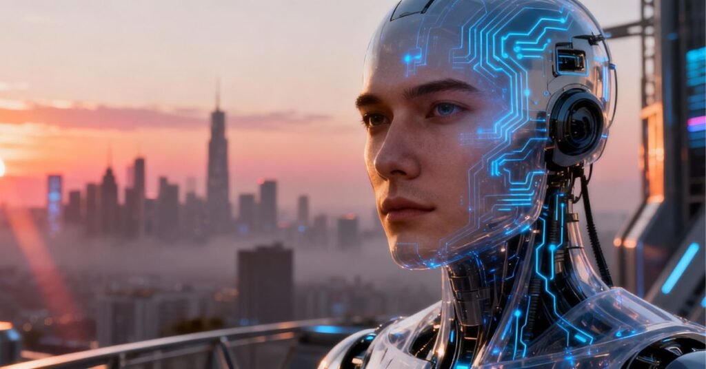 Futuristic glowing AI brain representing Artificial General Intelligence learning and thinking like a human.