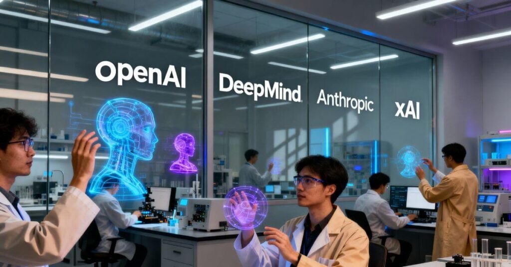 Photorealistic image of global AI research labs with engineers and holographic AI models, showing OpenAI, DeepMind, Anthropic, and xAI leading AGI development in 2025.