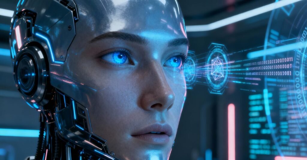 Advanced humanoid AI with glowing blue eyes analyzing complex holographic data in a futuristic lab, symbolizing superintelligence beyond human capability.