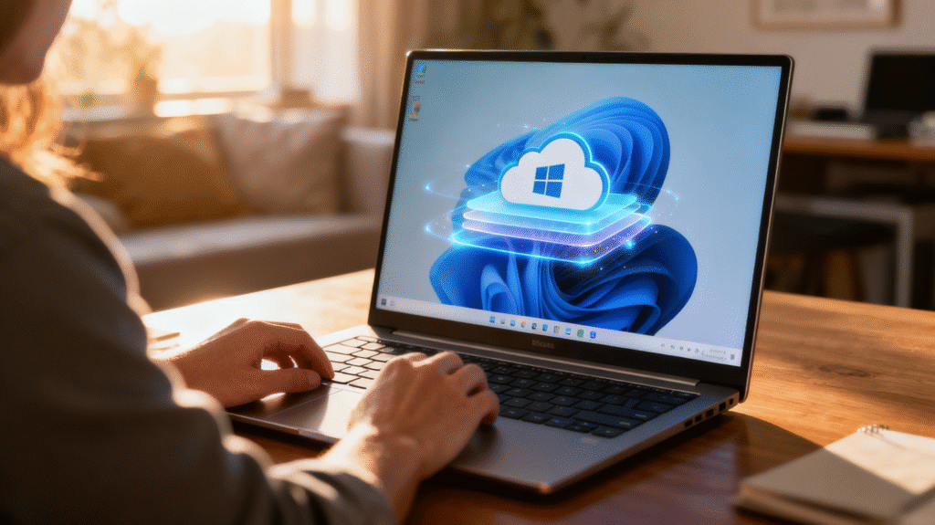 User accessing a Windows 11 cloud desktop on a sleek laptop inside a bright home office. The virtual desktop interface with cloud icons represents safe and modern alternatives for Windows 10 users after end of support in 2025.