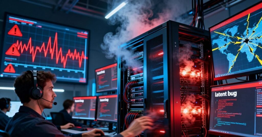 Editorial-style digital artwork of a network operations center with servers failing, engineers observing alerts on multiple screens, traffic spikes displayed, and a highlighted latent bug in code, representing the technical causes of the Cloudflare outage.