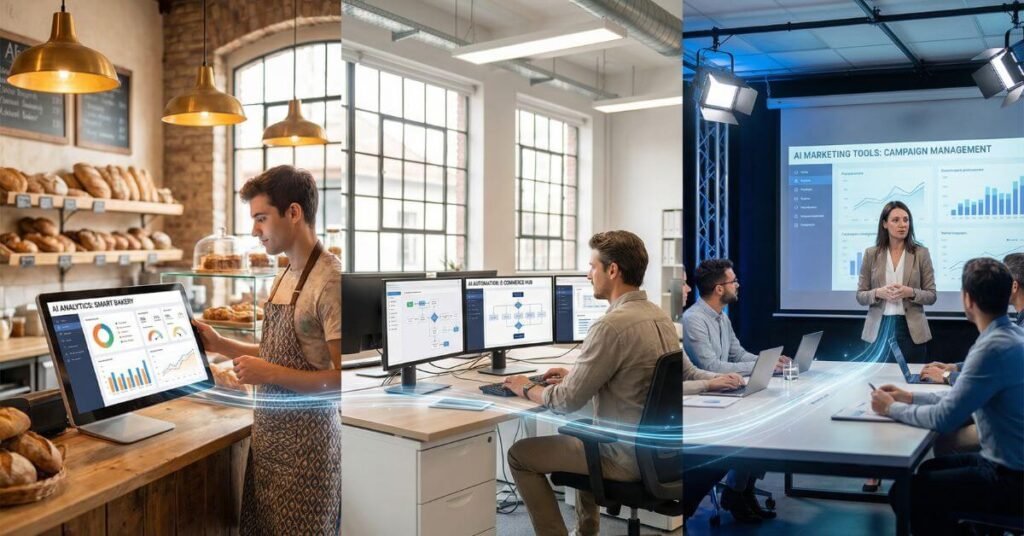 Three small businesses—a bakery, an e-commerce store, and a marketing agency—using AI automation tools to improve workflows, customer service, and efficiency.