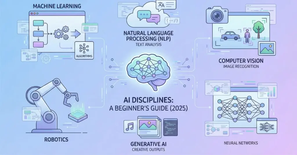 Basic concepts of Artificial Intelligence explained with icons of neural networks, machine learning, NLP, computer vision, robotics, and generative AI in a 2025 educational illustration.