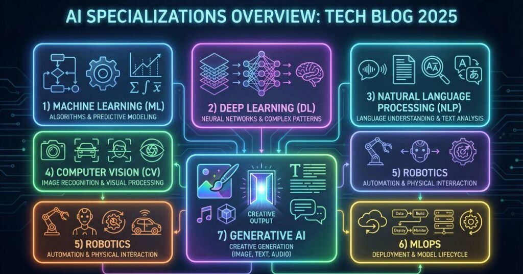 AI specializations infographic displaying Machine Learning, Deep Learning, NLP, Computer Vision, Robotics, MLOps, and Generative AI with modern tech icons.
