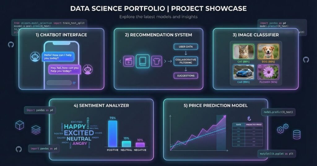 AI projects portfolio dashboard showing chatbot, recommendation system, image classifier, sentiment analyzer, and machine learning models arranged in clean tech UI