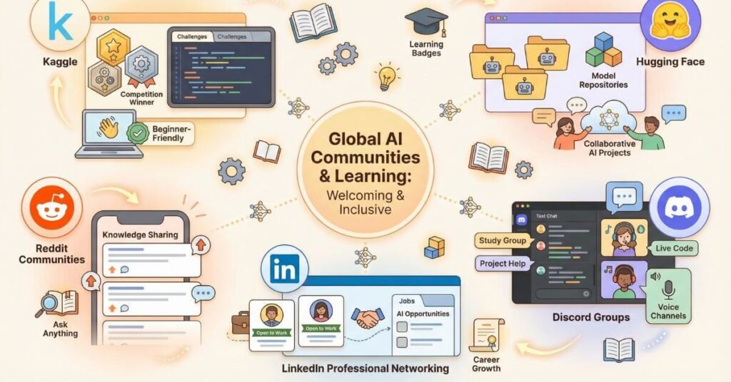 Global AI communities illustration showing Kaggle, Hugging Face, Reddit, Discord, and LinkedIn groups connected in a friendly digital learning network.
