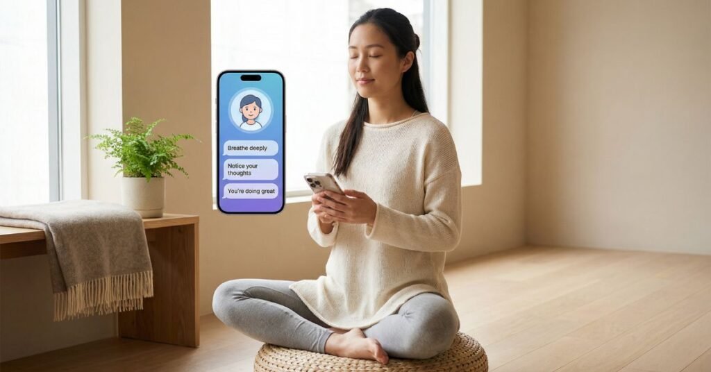 Person practicing mindfulness while holding a smartphone with an AI mental health chatbot open in a calm and peaceful environment.