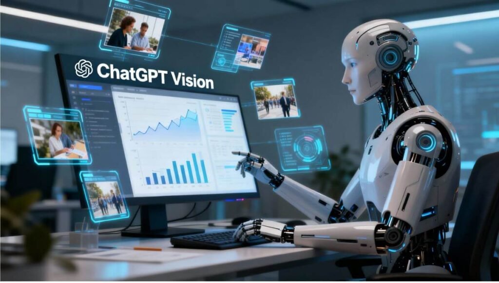 ChatGPT Vision AI avatar analyzing charts, screenshots, and images with holographic data — best multimodal AI for creators and educators 2025