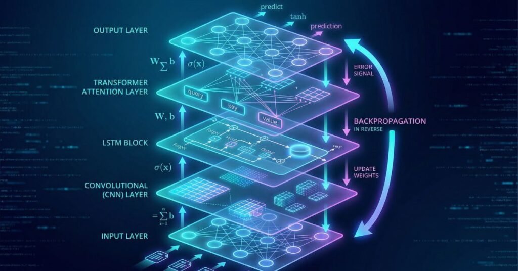 Deep learning illustration showing neural network layers, nodes, CNN filters, LSTM blocks, and transformer attention heads in a clean educational 2025 style.