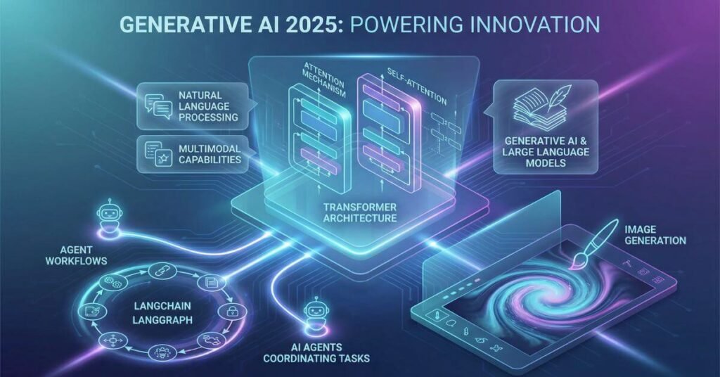 Generative AI and AI agents illustration showing LLMs, image generation models, transformer architecture, and automated agent workflows in a futuristic 2025 design.