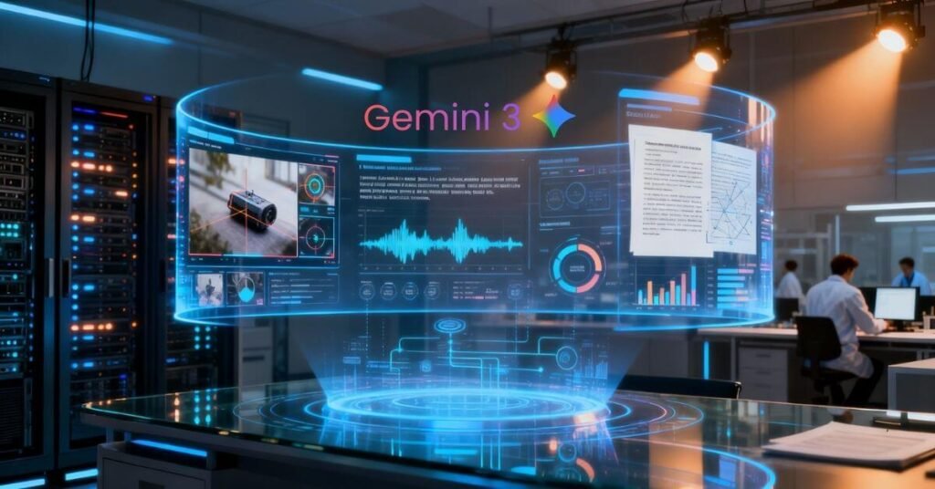 Google Gemini 3 AI analyzing images, video, audio, and text simultaneously with holographic interface and charts in a professional tech lab