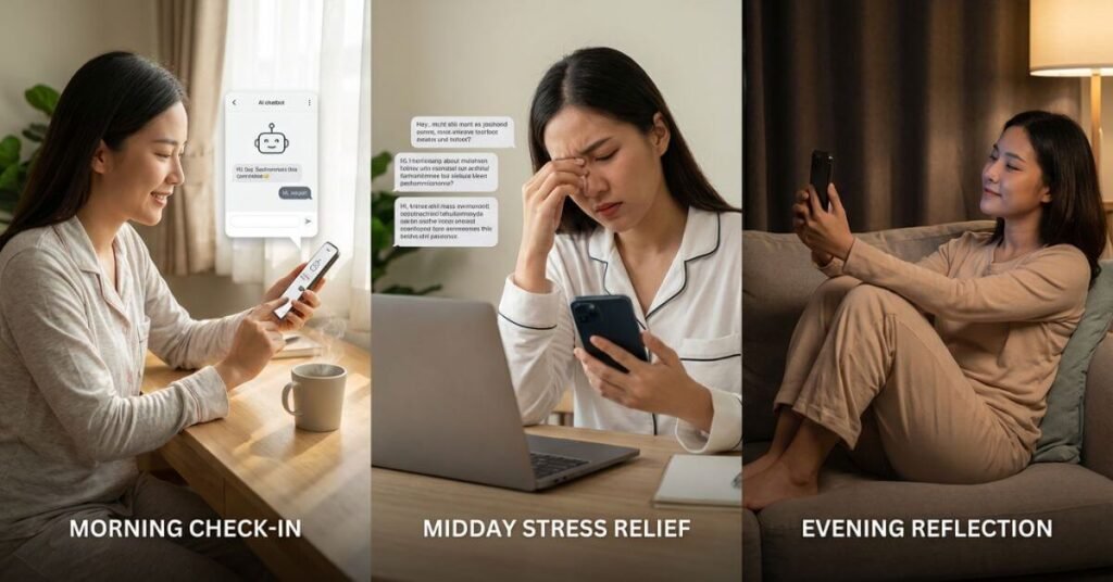 Person using an AI mental health chatbot during morning check-in, stress relief break, and evening reflection in a cozy indoor environment.