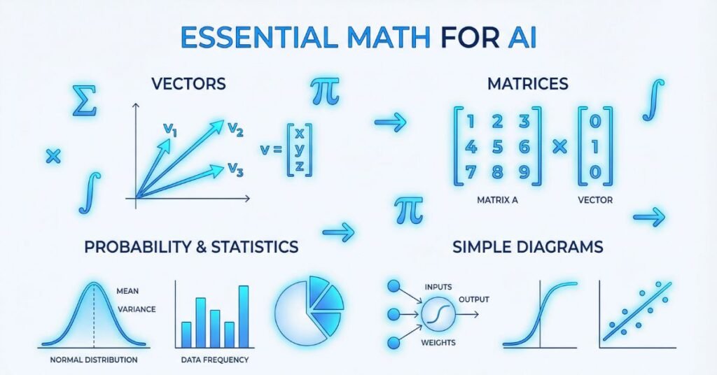 AI math concepts for beginners including vectors, matrices, probability, and statistics charts in a clean educational 2025-style illustration