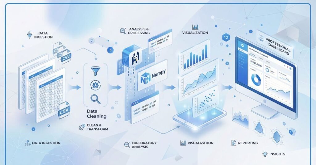 Data analysis and cleaning for AI learning, showing spreadsheets, CSV icons, charts, pandas and numpy libraries, and dashboards in a clean beginner-friendly educational illustration.