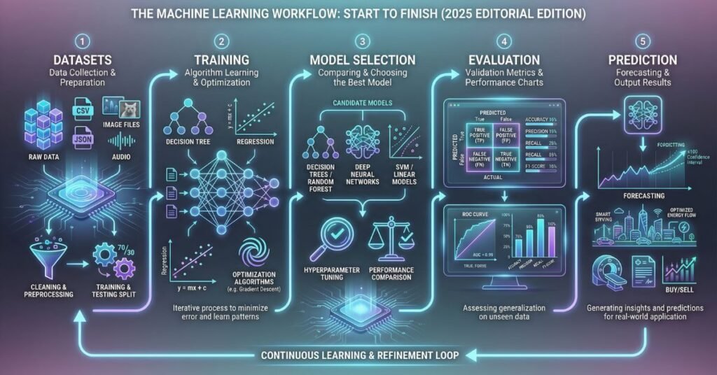 Machine learning workflow illustration showing dataset input, model training, evaluation metrics, decision trees, regression graphs, and classification boundaries in a clean futuristic 2025 style.