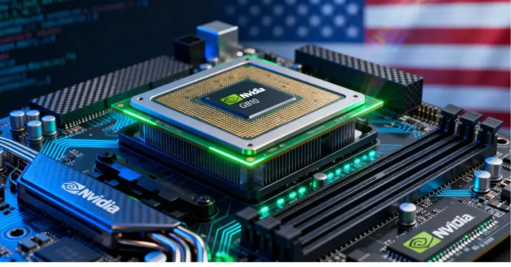 Close-up macro shot of Nvidia’s Blackwell GB10 AI chip glowing on a motherboard, symbolizing America’s advanced AI hardware power.