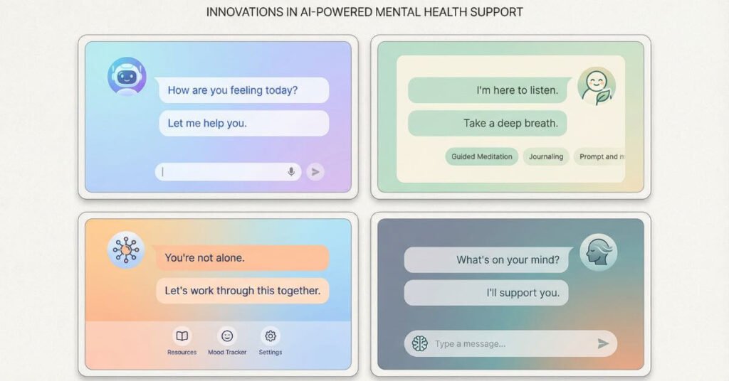 Editorial-style collage showing concept icons and minimal UI screens representing popular AI mental health chatbots like Woebot, Wysa, Replika, and Youper.