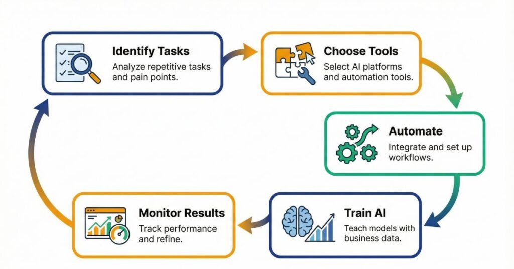 Flowchart showing step-by-step AI automation implementation for small businesses, including task identification, tool selection, automation setup, AI training, and performance monitoring.