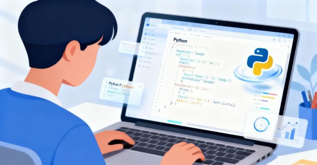 Beginner learning Python for AI with a laptop showing simple Python code, loops, variables, and a floating Python logo in a clean educational 2025-style illustration.