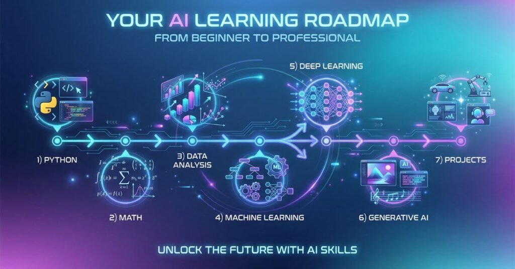 AI learning roadmap showing steps from Python basics to math, data analysis, machine learning, deep learning, generative AI, and real-world projects in a futuristic 2025 timeline design