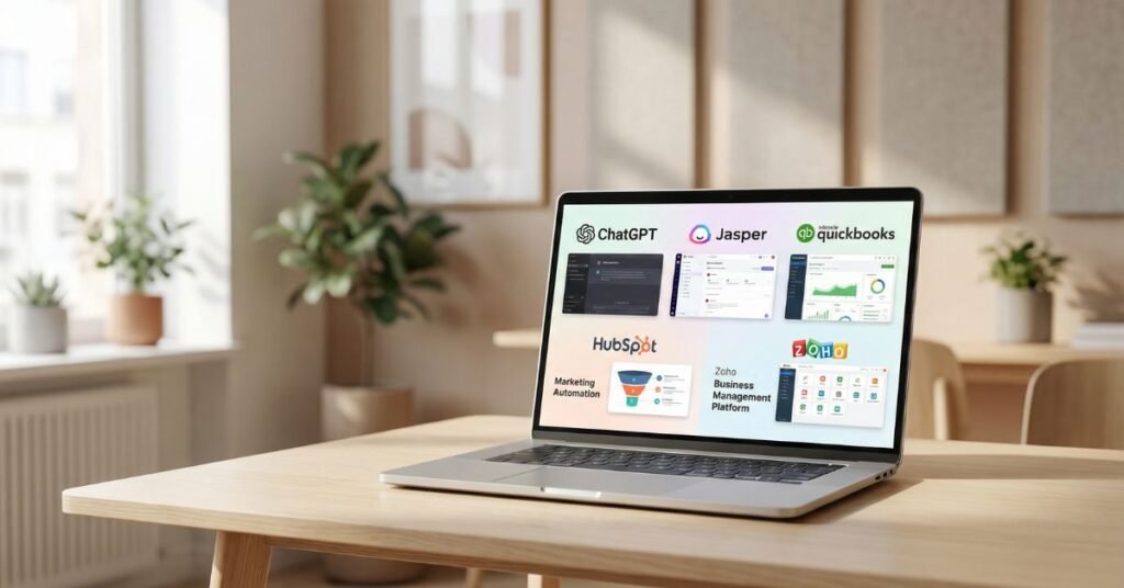 Modern laptop showing logos of popular AI tools like ChatGPT, Jasper, QuickBooks, HubSpot, and Zoho in a clean office setting, representing automation for small businesses.