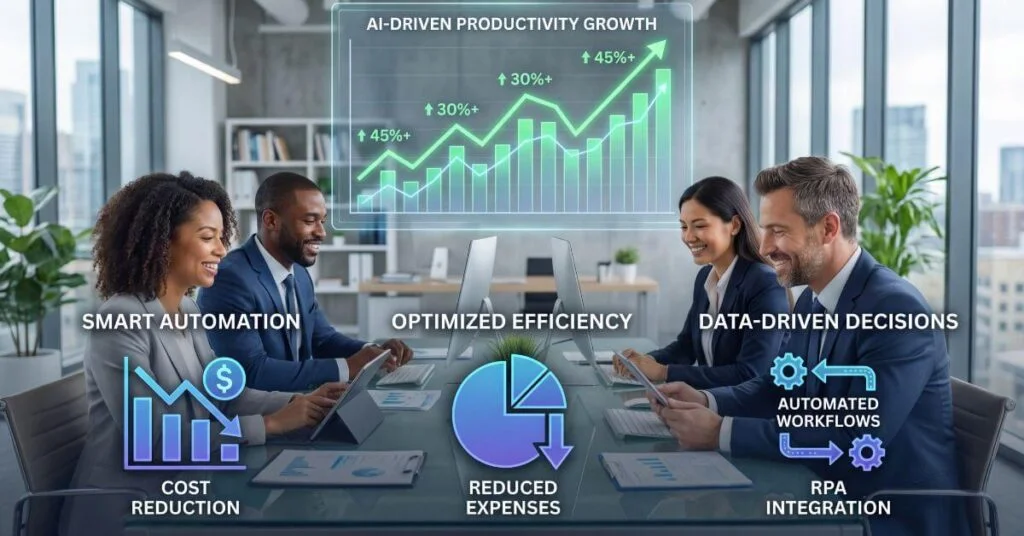 Small business team using AI tools with rising productivity charts and cost reduction visuals showing the benefits of automation.