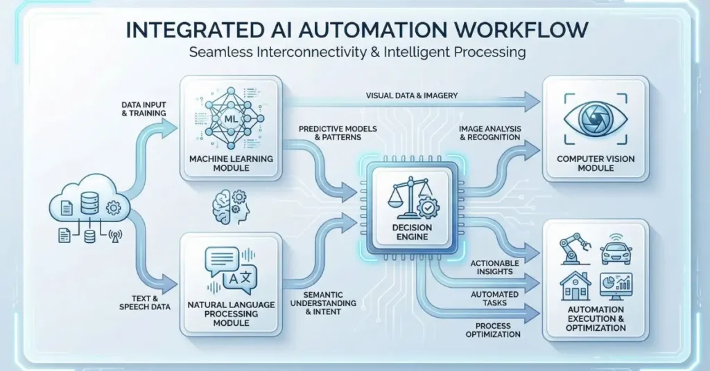 Infographic showing AI automation components like Machine Learning, NLP, Computer Vision, and Decision Engines for small business efficiency.