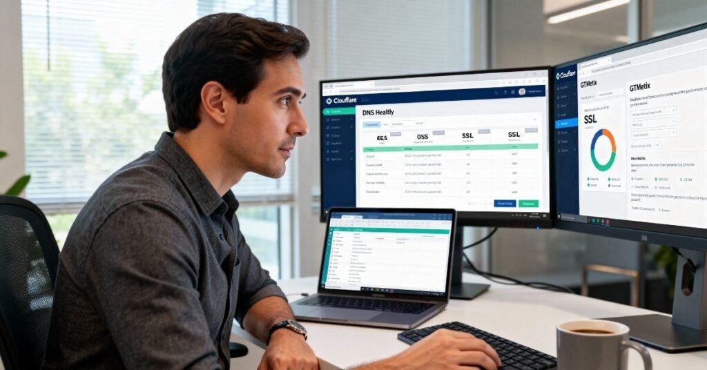 Realistic digital artwork showing a website owner monitoring DNS and SSL status, testing website performance on multiple screens, with Cloudflare dashboard open, calm professional office setting, focused human posture.