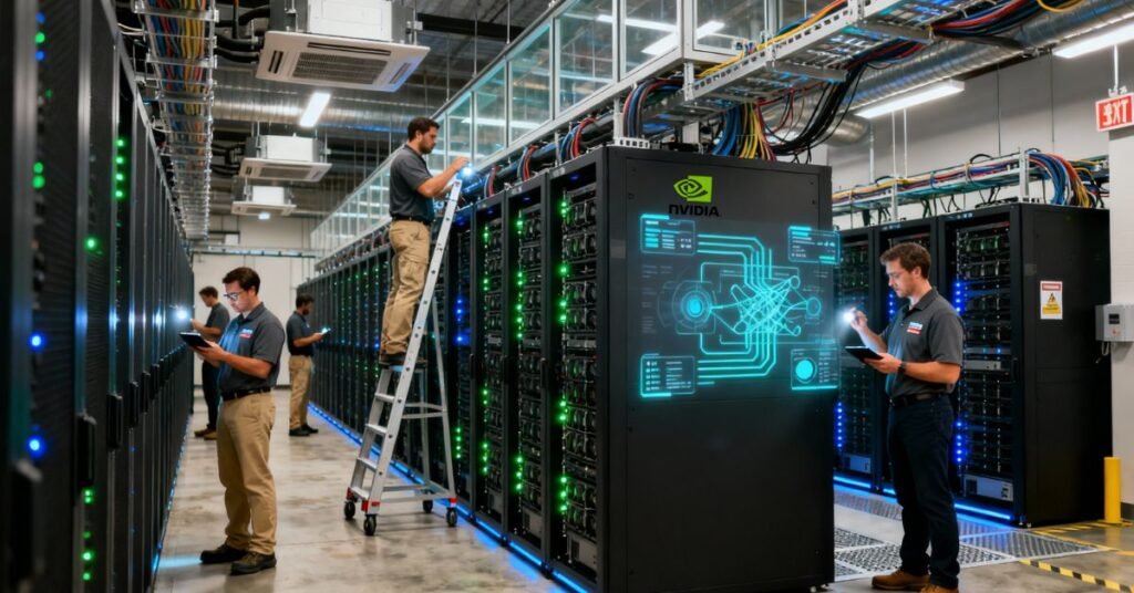 Hyper-realistic U.S. data center with AI servers and NVIDIA GPUs powering Agentic AI infrastructure in 2025