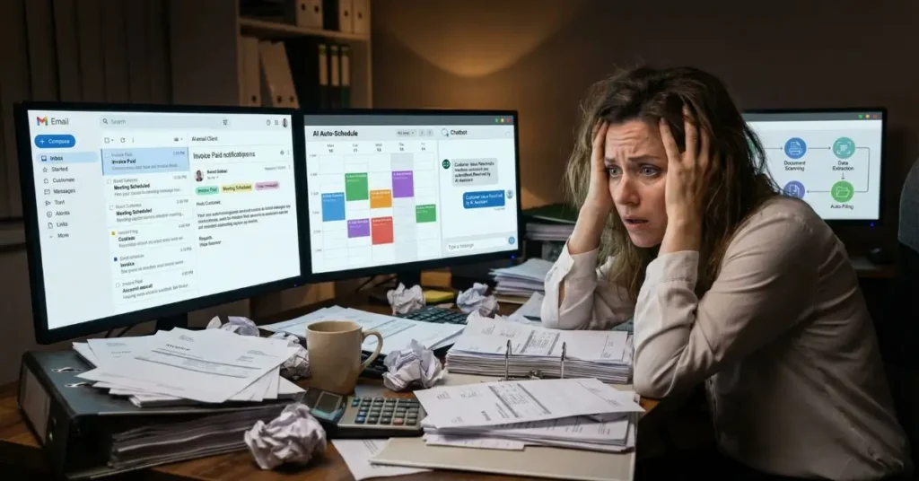 Small business owner overwhelmed by paperwork while AI automation tools manage tasks like emails, scheduling, and customer support.