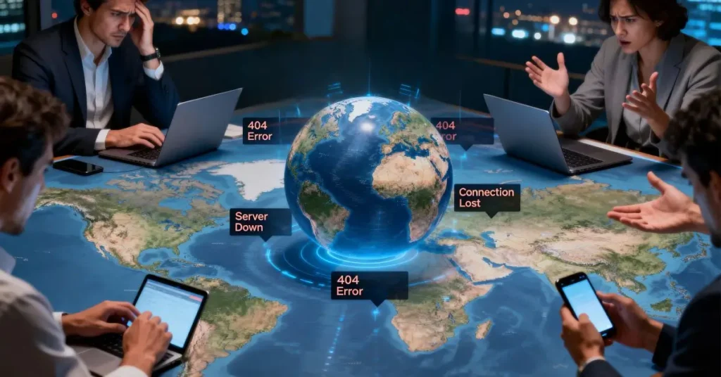 Digital artwork depicting worldwide internet disruption with error messages, ChatGPT, Twitter, Canva logos down, users on laptops and mobile devices, and a global connectivity map in the background.