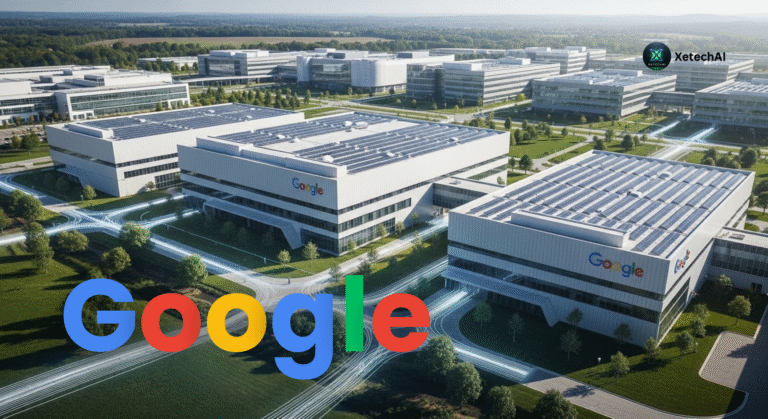 Hyper-realistic aerial view of a modern Google data center campus in Chesterfield County built under the Google $9 billion AI infrastructure investment in Virginia.