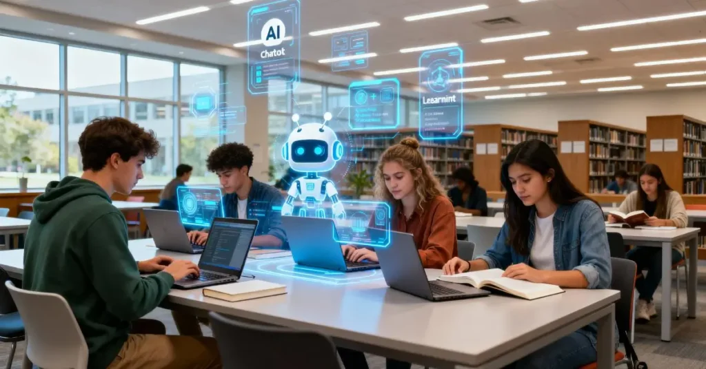 Diverse American college students using futuristic AI tools on laptops in a modern university library, representing Top 10 Free AI Tools for Students in the USA 2025.