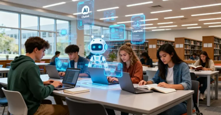 Diverse American college students using futuristic AI tools on laptops in a modern university library, representing Top 10 Free AI Tools for Students in the USA 2025.