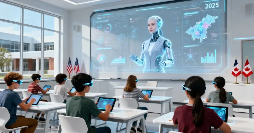 Hyper-realistic classroom of the future showing students learning with AI-powered holographic teachers, digital smartboards, and augmented reality devices in a modern North American school setting (USA and Canada).
