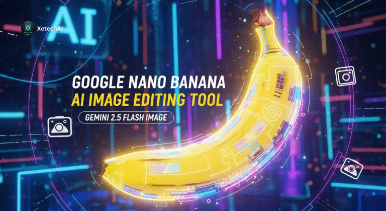 Futuristic digital artwork of a glowing yellow banana symbolizing the Google Nano Banana AI Image Editing Tool Gemini 2.5 Flash Image with bold neon text overlay.
