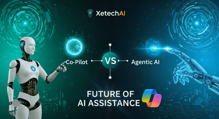 Agentic AI vs Copilot AI assisting humans in a futuristic office with Copilot AI suggestions, showcasing AI 2025 innovation in USA and Canada enterprises