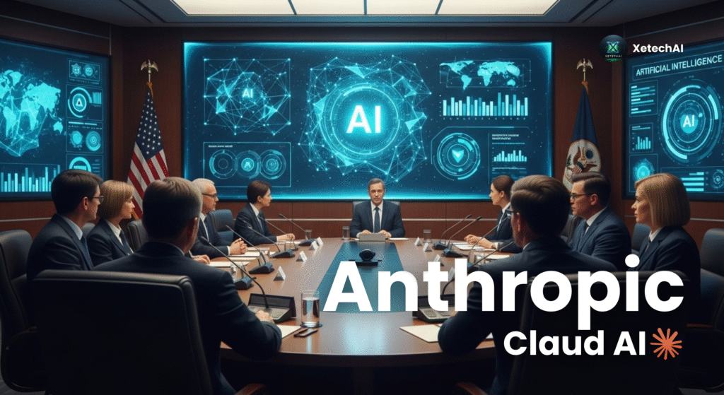 A realistic photo of the Anthropic National Security Advisory Council discussing AI and U.S. national security in a modern government-style conference room.