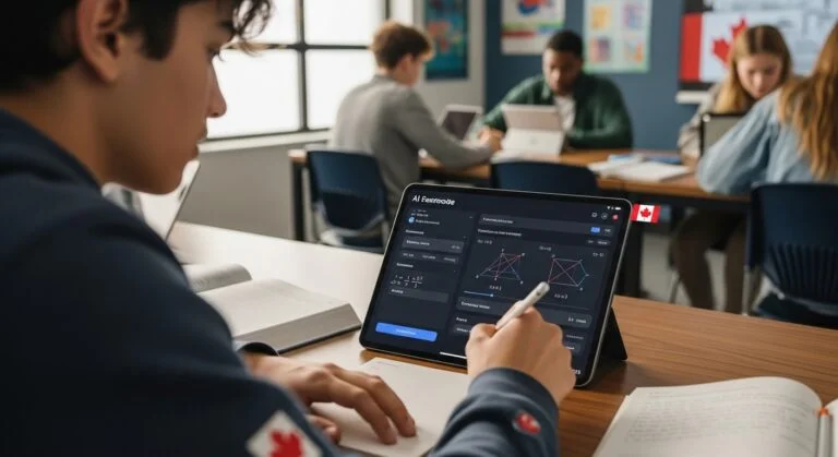 AI personalized learning in Canada 2025 – A high school student using a tablet with an adaptive AI learning platform in a modern classroom.