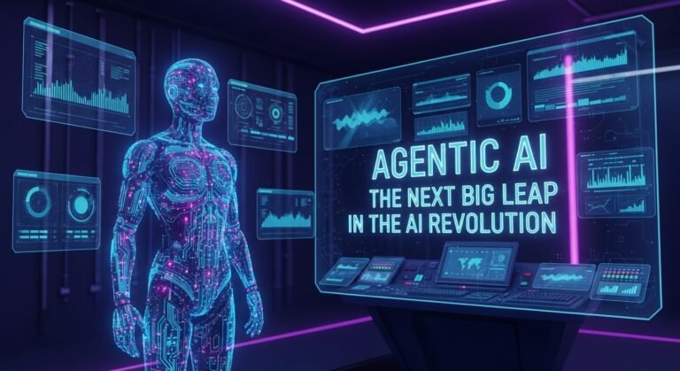 Agentic AI – The Next Big Leap in the AI Revolution, futuristic AI assistant interacting with holographic data and autonomous workflows in a high-tech city background