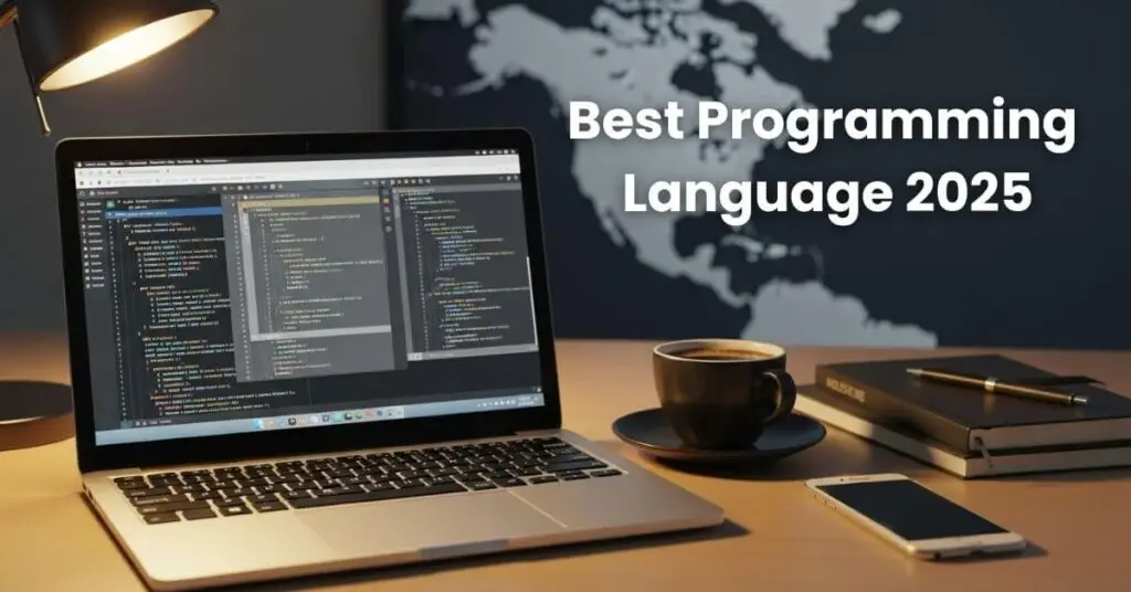 Python vs Java vs C++ coding on a modern workspace with laptops and monitors showing code, representing the best programming language 2025 for students in USA & Canada.