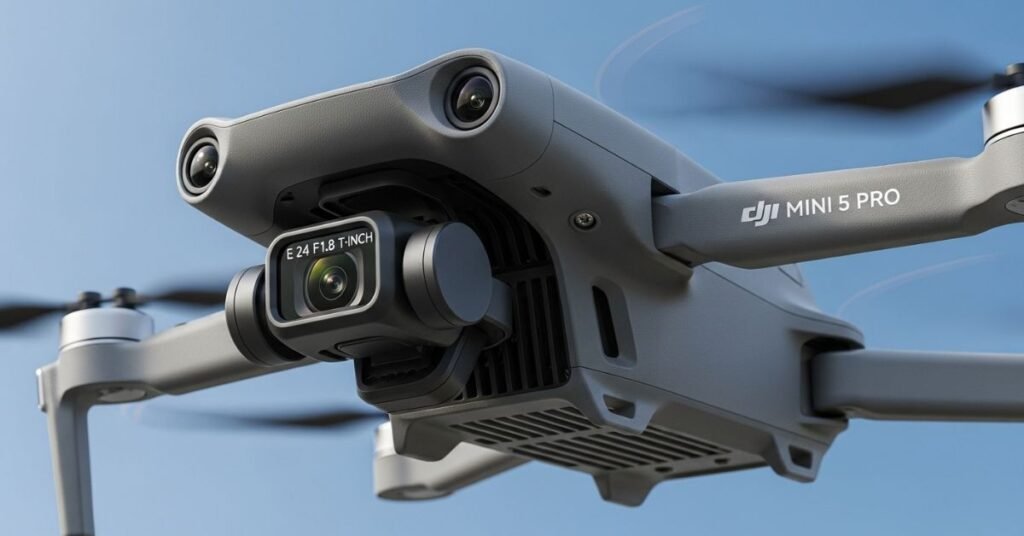 DJI Mini 5 Pro drone flying over New York skyline during golden hour – latest review for USA & Canada buyers