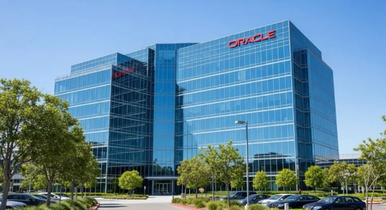 Oracle headquarters building in the US with bold red Oracle logo during layoffs — Oracle and Salesforce announce massive layoffs in the US