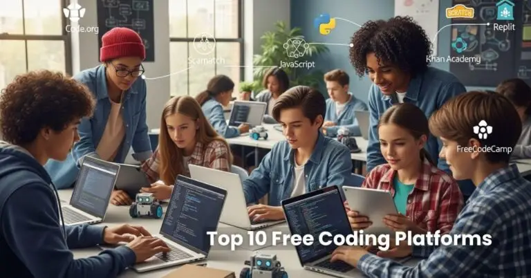 Top 10 Free Coding Platforms for Students learning coding on laptops and tablets using top free coding platforms in USA and Canada, including Code.org, Scratch, Khan Academy, and Replit.