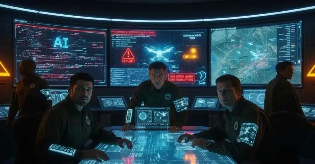 U.S. Military’s AI weapons program facing delays, Pentagon with AI circuit overlay and autonomous drones in the sky