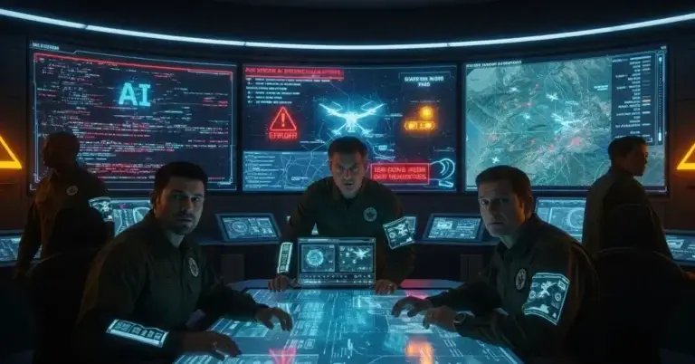 U.S. Military’s AI weapons program facing delays, Pentagon with AI circuit overlay and autonomous drones in the sky