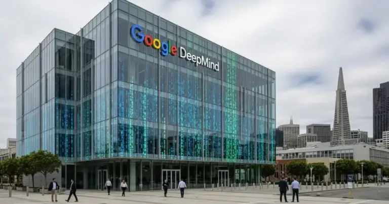 Google DeepMind headquarters with futuristic AI visuals representing Gemini 2.5 AI in the USA, editorial style photo.