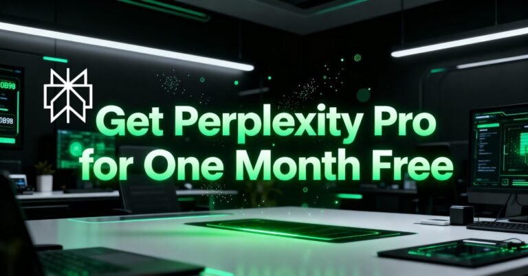 Get Perplexity Pro for One Month Free – Hyper-realistic AI interface in Perplexity brand colors green and black with central bold text, featuring chat, file upload, and real-time search icons